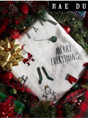 NWT Rae Dunn White 'Merry Everything' Holiday Throw with Festive Designs